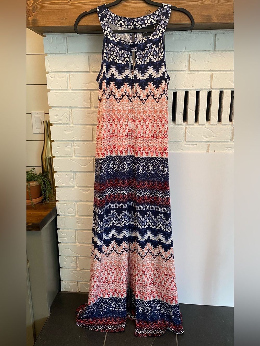 Antthony Sleeveless Boho Print Swing Dress Navy Coral White Keyhole Neck Size L